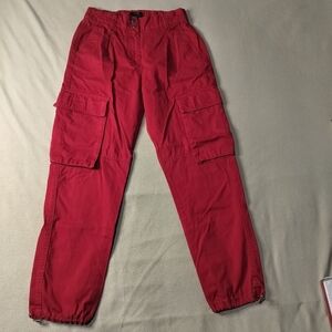 Bershka Women's Red Cargo Pants Elastic Waist Sz 4 Rolled Cuff Elastic.